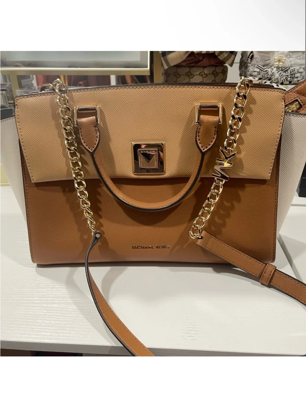 Michael Kors Sylvia Medium Tri-Color Crossgrain Leather Satchel
